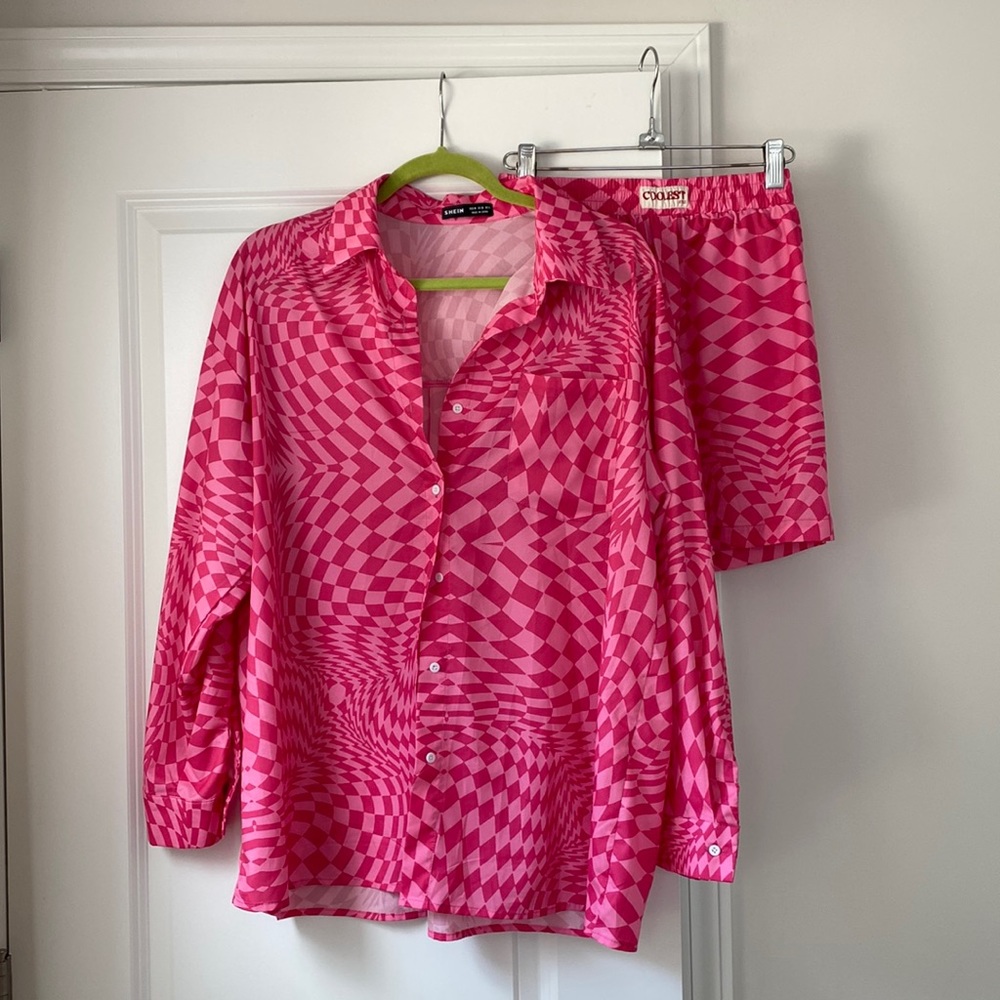 NWOT Y2K checkered pink matching set - shorts & button down Sz US 6 - SheIn